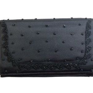 Vintage Soure Bag New York Slim Black Satin Beaded Evening Clutch/Purse + Mirror